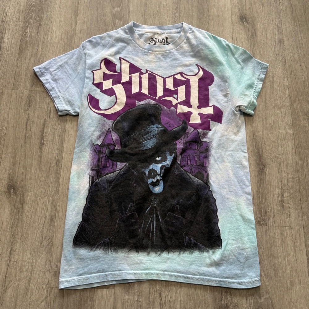 Ghost Band T-Shirt Papa Emeritus Top Hat Tie Dye Blue Purple Graphic Tee Small